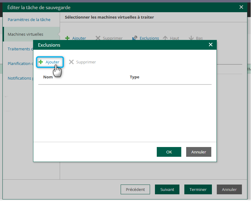 Dans box de sauvegarde l'image montre le bouton pour ajouter des VM Capture d'écran