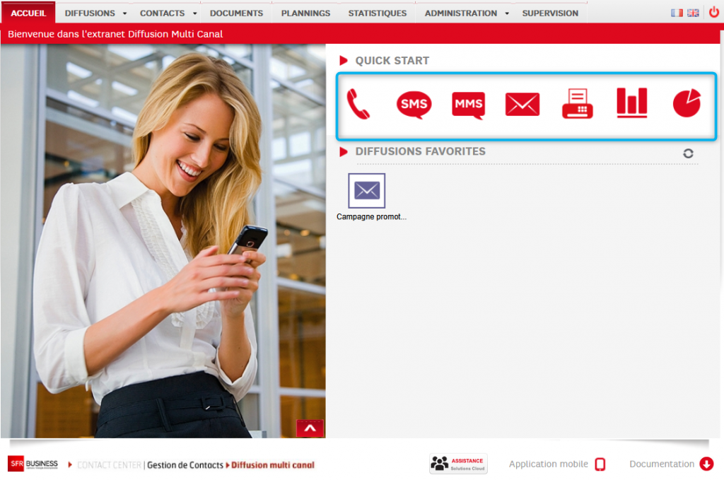 Menu Quick start avec les icônes des divers média