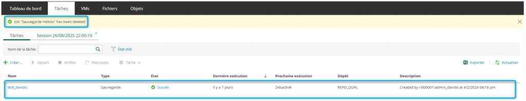 L'image montre la notification de suppression et la liste des sauvegardes sans celle qui a été supprimée Capture d'écran