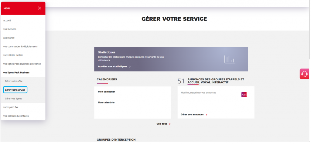 L'image montre la page de gestion du service