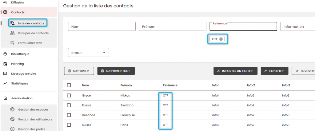 cette image filtre les contacts sur OTF