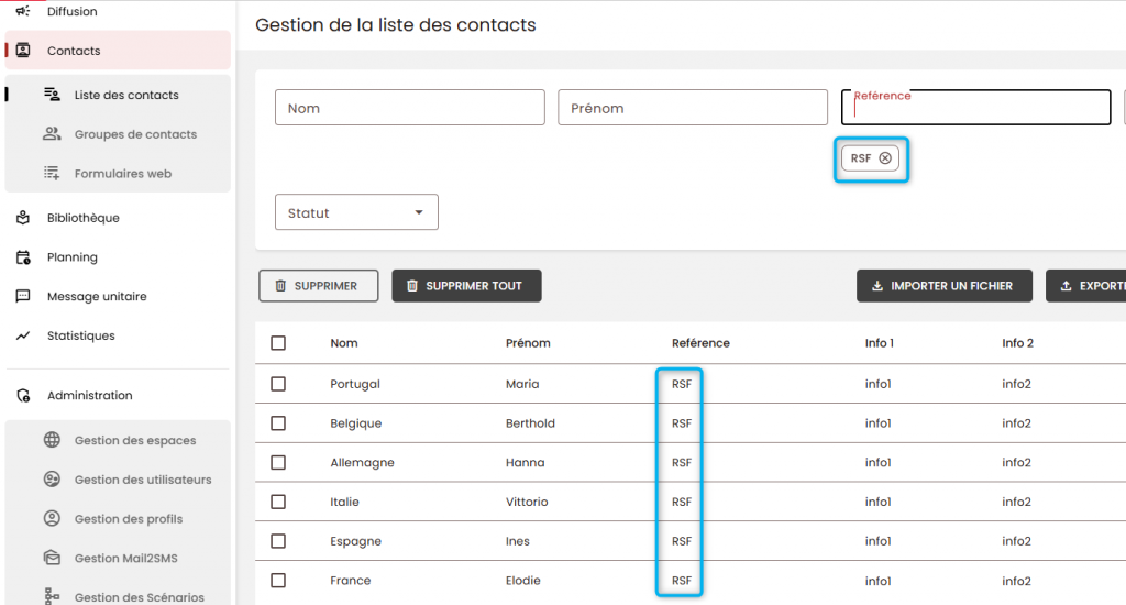cette image filtre les contacts sur RSF