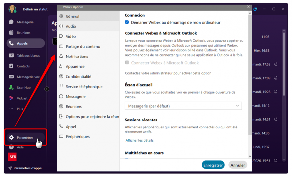 L'image montre comment ouvrir le panneau de param&eacute;trage du compte Webex 