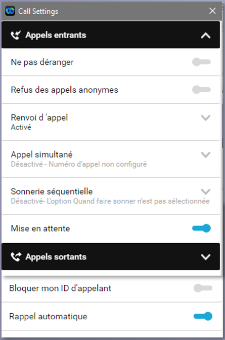 L'image montre le param&eacute;trage des appels entrants