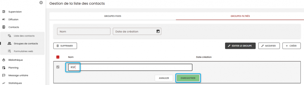 cette image montre comment nommer un groupe de contact sfiltr&eacute;s