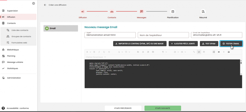 Cette image montre le bouton tester l'email