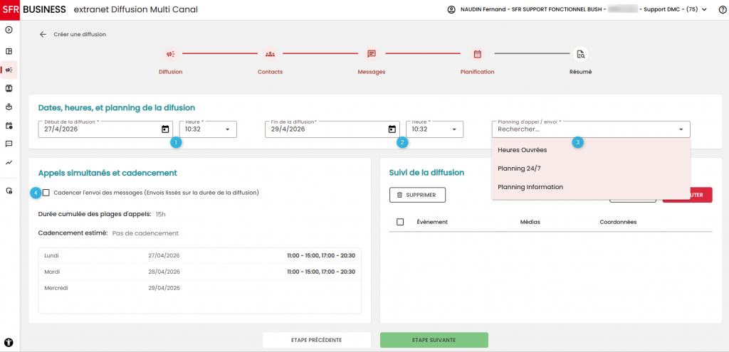 Cet &eacute;cran nous pr&eacute;sente les diff&eacute;rents planning qui peuvent &ecirc;tre utilis&eacute;s pour l'envoie de votre diffusion.
