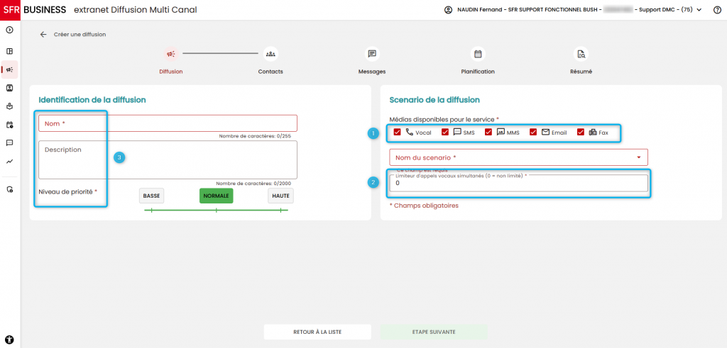 Cet &eacute;cran pr&eacute;sente les champs &agrave; renseigner pour identifier la diffusion, s&eacute;lectionner les m&eacute;dias disponibles dans DMC et d&eacute;finir le limiteur d&rsquo;appels vocaux simultan&eacute;s.