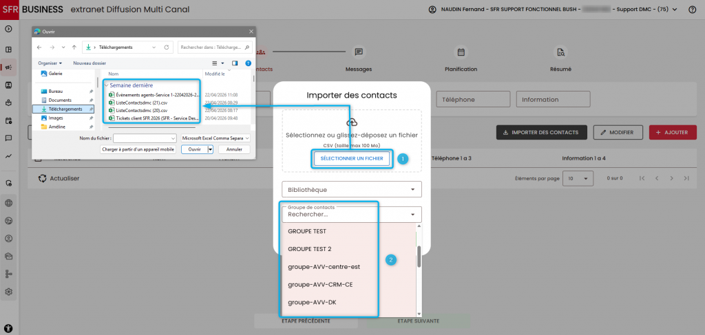 Cet &eacute;cran illustre la proc&eacute;dure permettant soit d&rsquo;importer un fichier CSV pr&eacute;alablement renseign&eacute;, soit de s&eacute;lectionner un groupe de contacts d&eacute;j&agrave; cr&eacute;&eacute; dans votre DMC.