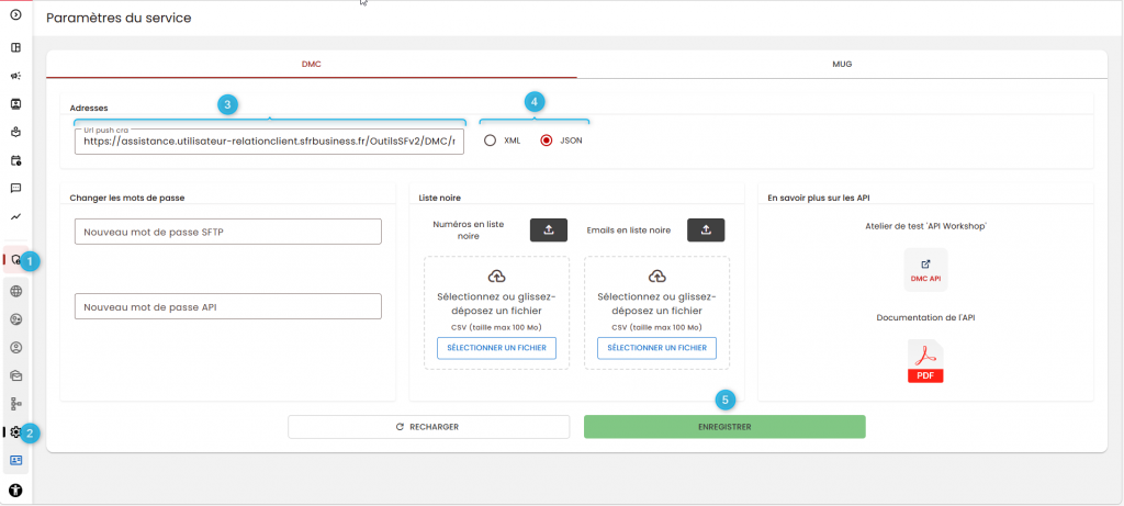 Page du paramétrage de service.