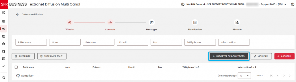 Cette image montre le bouton pour importer des contacts via un fichier CSV.