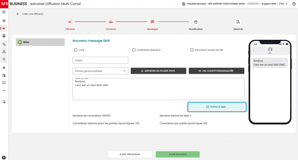 Cet image nous montre comment envoyer un sms de test.