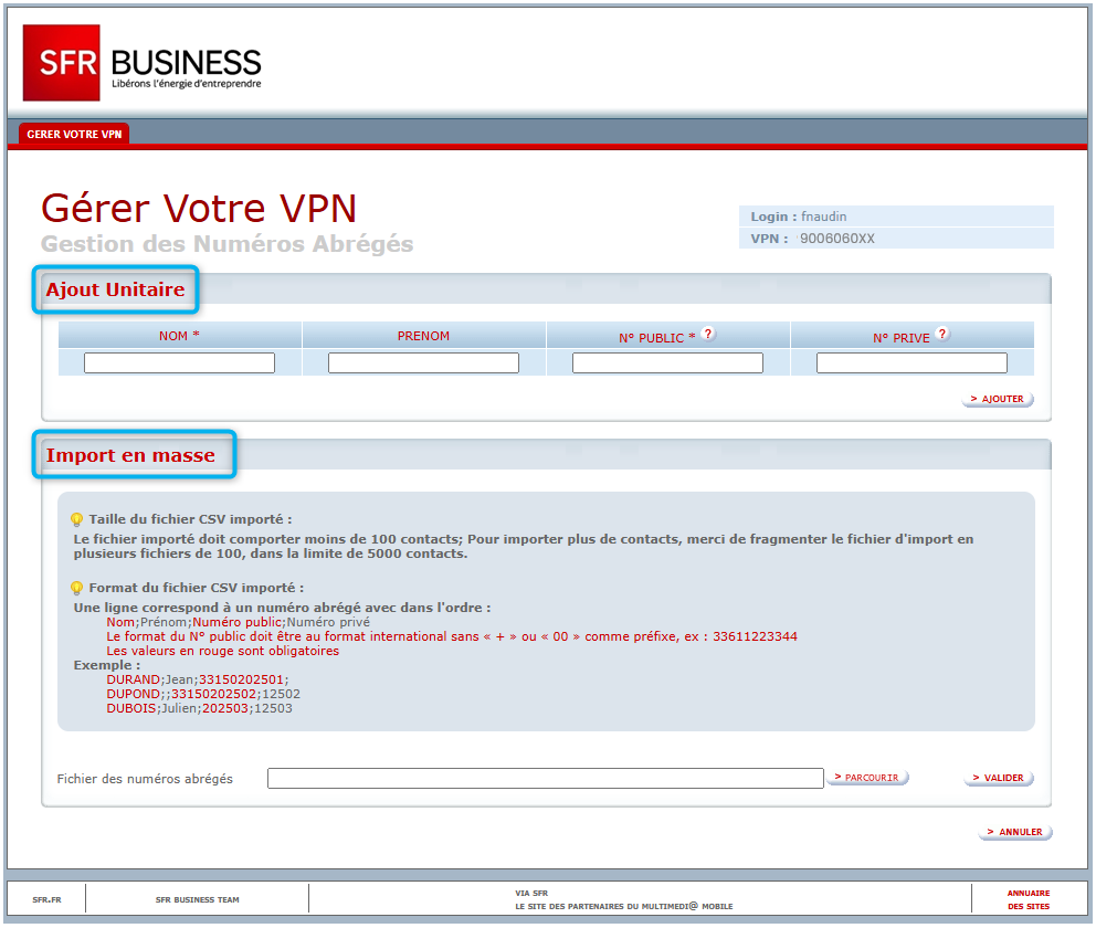 L'image montre la page pour ajouter des contacts dans l'annuaire
