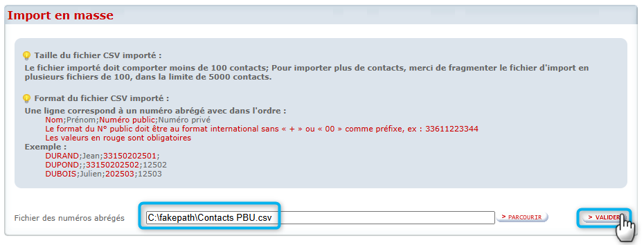 L'image montre le formulaire d'import en masse de contacts.