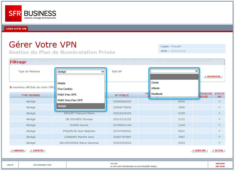 L'image montre le listing des contacts et les filtres disponibles.