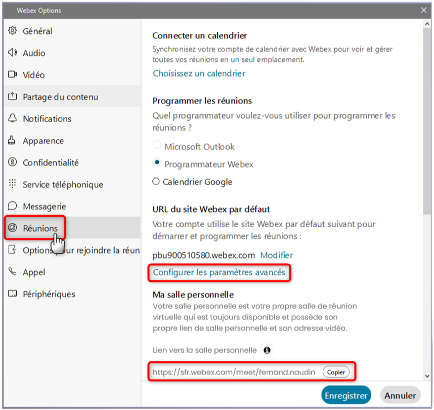 L'image montre comment ouvrir le param&eacute;trage des r&eacute;unions