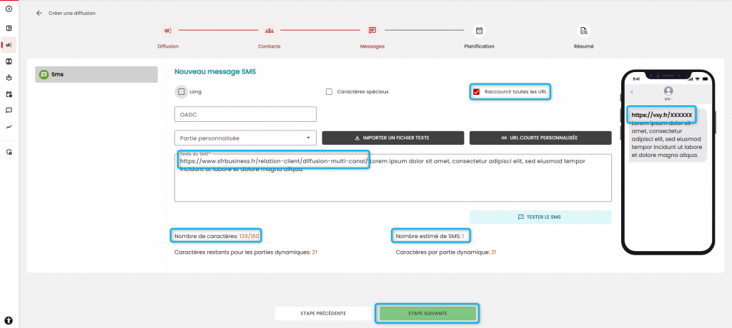 L'image montre la page de cr&eacute;ation du message sms avec la coche "Raccourcir les url" activ&eacute;e, l'url courte dans le sms, le nombre de caract&egrave;res et de parties.