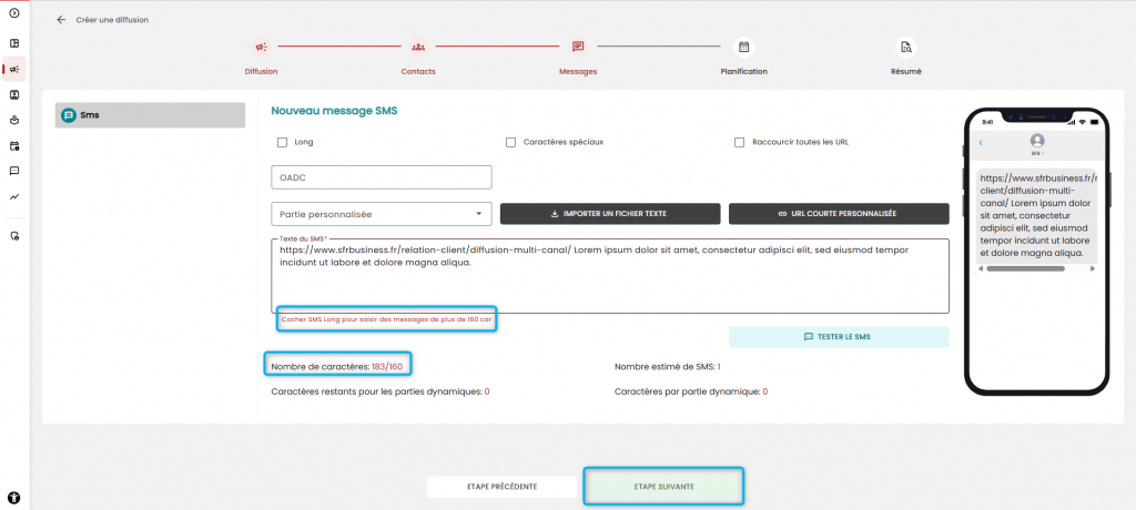 L'image montre la page de cr&eacute;ation du message sms avec le message d'erreur et le nombre de caract&egrave;res.