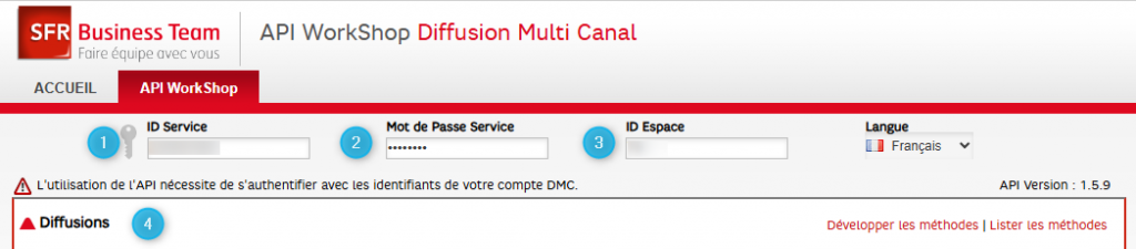 Cet &eacute;cran nous montre les champs pour nous identifier sur API WORKShop.