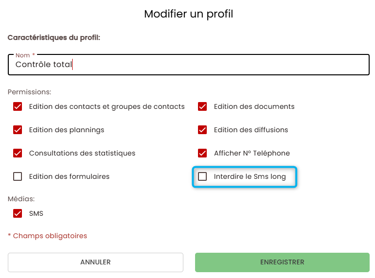 Cette image nous pr&eacute;sente les caract&eacute;ristique du profil s&eacute;lectionner et ou cocher pour interdire les SMS long