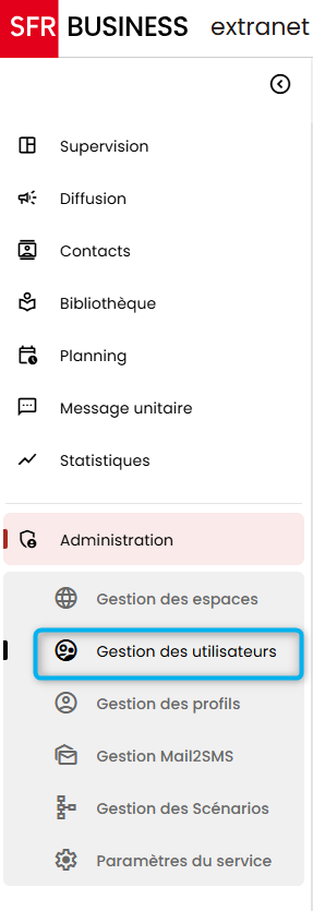 Le menu d&eacute;roulant est affich&eacute; pour s&eacute;lectionner la gestion des utilisateurs