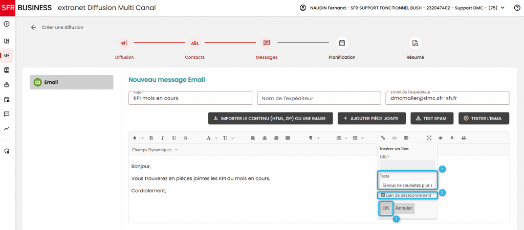 L'image montre la composition de l'email et notamment comment cr&eacute;er le  lien de d&eacute;sabonnement.