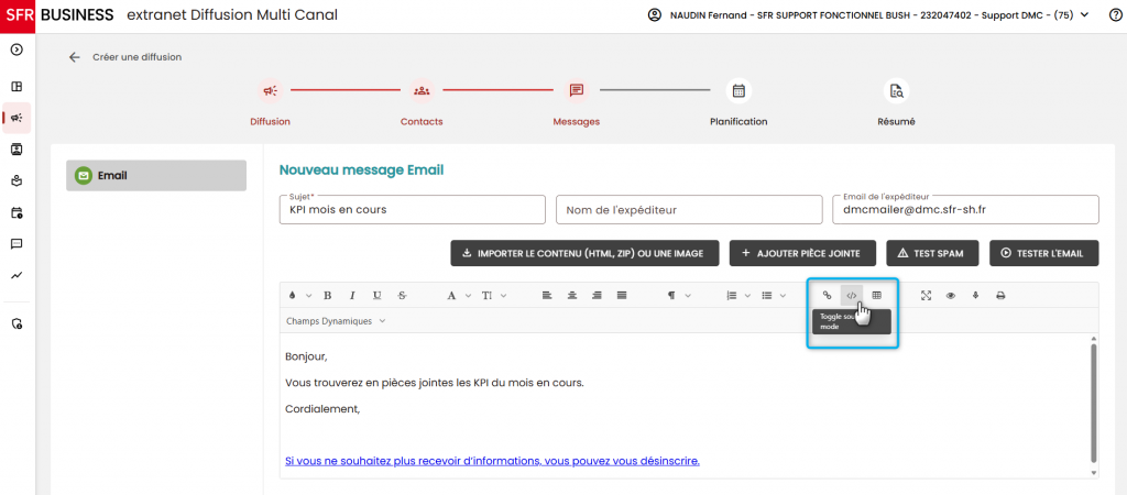 L'image montre la composition de l'email et notamment ou se trouve le bouton du code source dans la barre d'outil de l'&eacute;diteur Email.