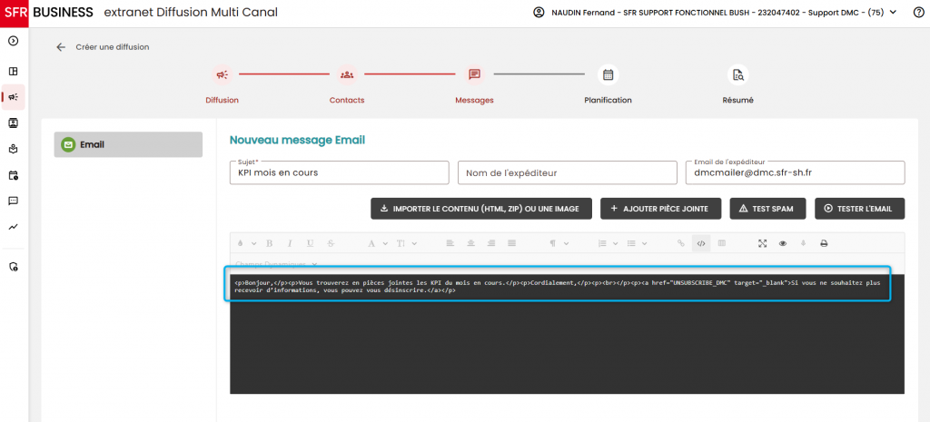 L'image montre la composition de l'email avec l'affichage du code source du lien de d&eacute;sabonnement.