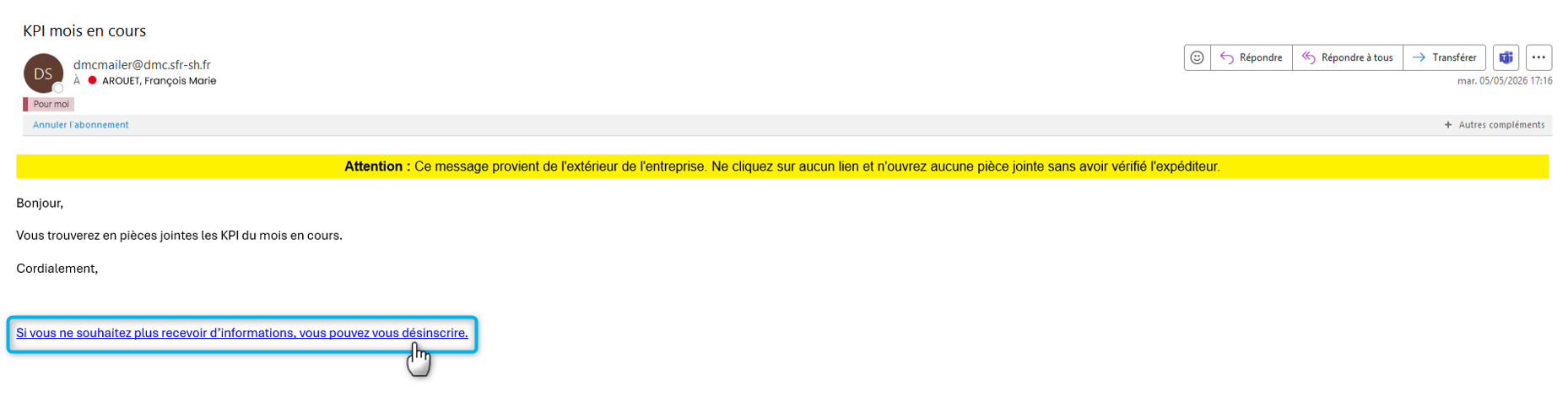 L'image montre l'email tel qu'il est re&ccedil;u avec le lien de d&eacute;sabonnement.