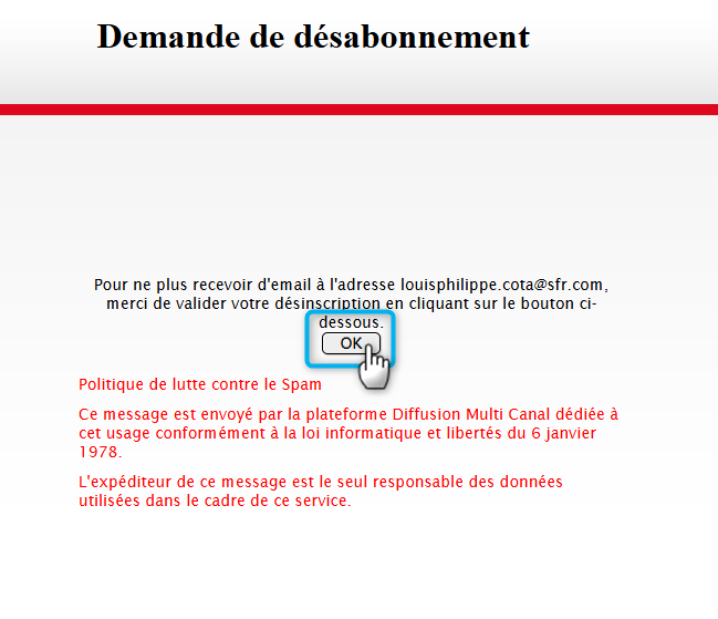 L'image montre la page de d&eacute;sabonnement telle qu'elle se pr&eacute;sente au destinataire.