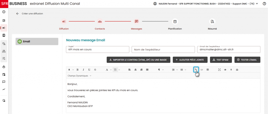 L'image montre la composition de l'email et notamment ou se trouve le lien de d&eacute;sabonnement dans la barre d'outil de l'&eacute;diteur Email.