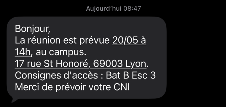 Voici le visuel du sms envoy&eacute;.