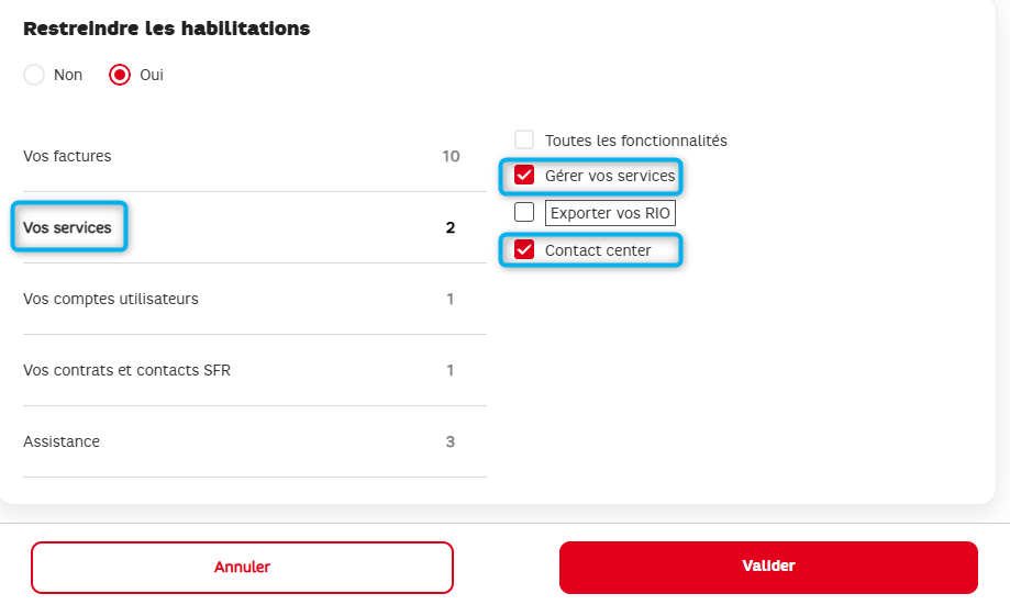 Cet image montre les restrictions des habilitations pour votre utilisateurs.
