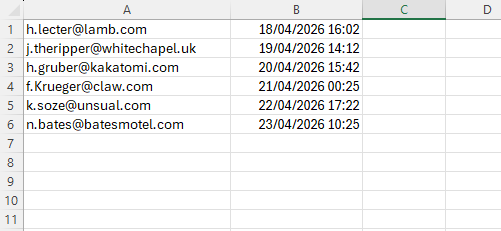 L'image montre le fichier .csv avec les adresses emails blacklist&eacute;s. 