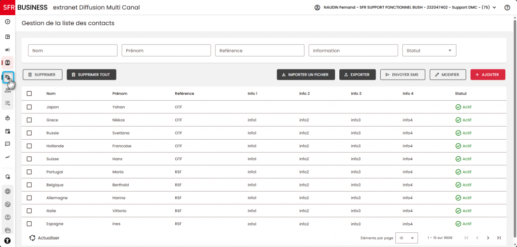 L'image montre comment ouvrir la liste des contacts depuis la console DMC.