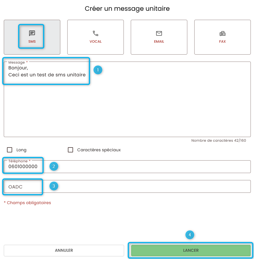 Cette image nous pr&eacute;sente comment configurer le sms unitaire.