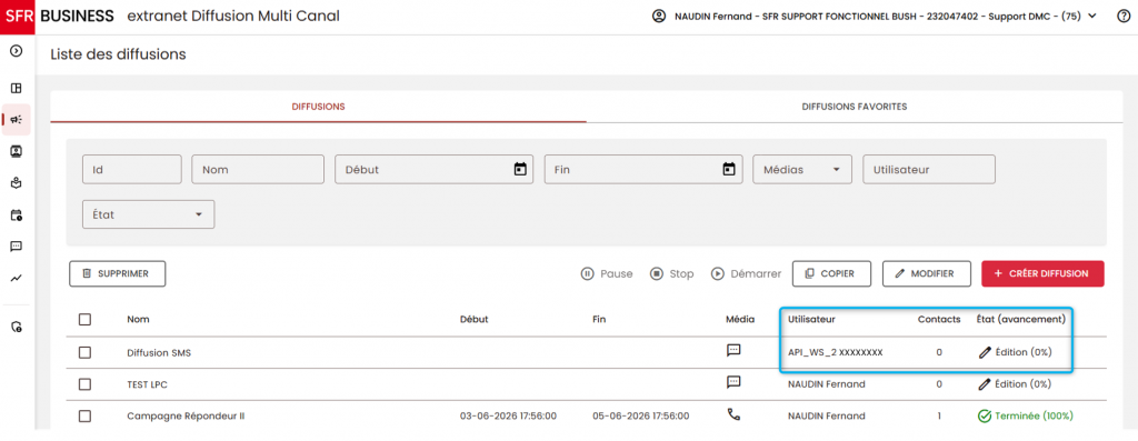 L'image montre la liste de des diffusion avec la diffusion API en statut Edition