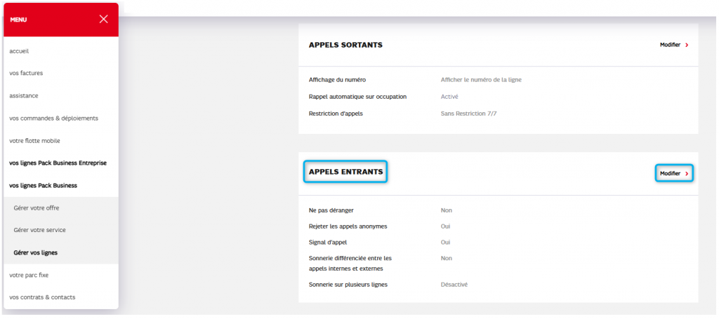 L'image montre le bloc "Appels Entrants" et le bouton "Modifier"