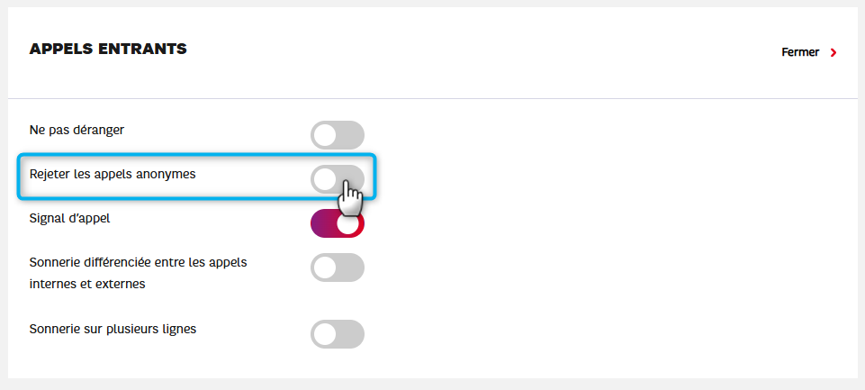 L'image montre  le bloc Appels entrants  et le toogle pour activer le statut "Rejeter les appels anonymes".