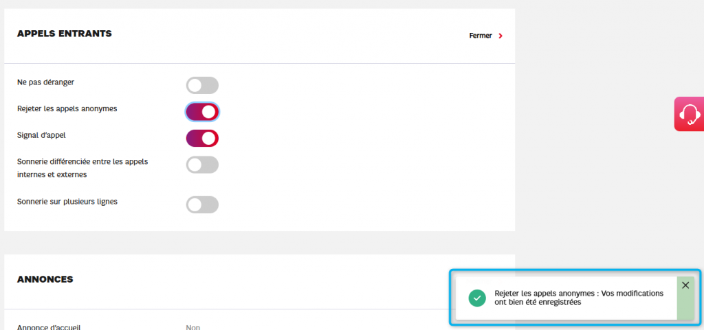 L'image montre  le bloc Appels entrants  et le statut "Rejeter les appels anonymes" activ&eacute;.