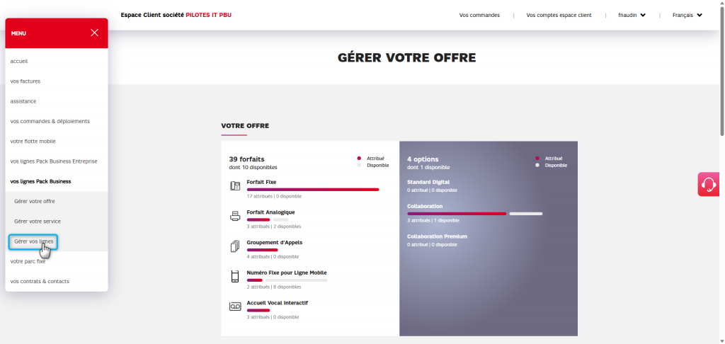 L'image montre  l'&eacute;cran de gestion de PBU et le menu "G&eacute;rer vos lignes"
