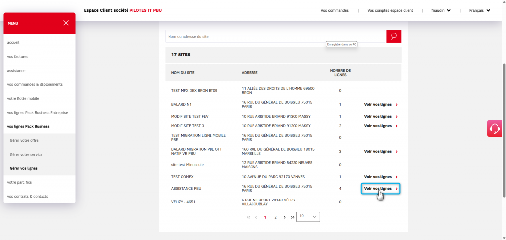L'image montre l'&eacute;cran de gestion des sites et ou cliquez pour ouvrir un site.