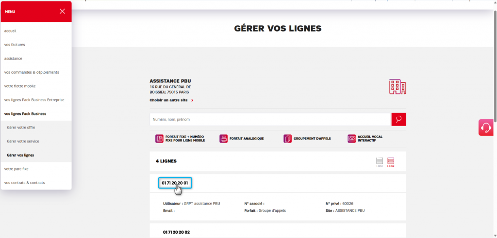 L'image montre l'&eacute;cran de gestion des lignes et ou cliquez pour ouvrir une ligne.