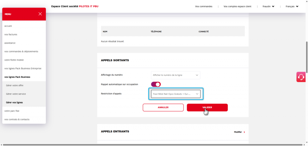 L'image montre le bloc des appels sortants d'une ligne avec un profil de restrictions d'appels s&eacute;lectionn&eacute; et le bouton de validation.