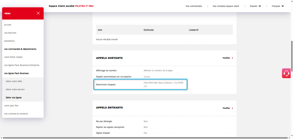 L'image montre le bloc des appels sortants d'une ligne avec un profil de restrictions d'appels s&eacute;lectionn&eacute; et enregistr&eacute;.
