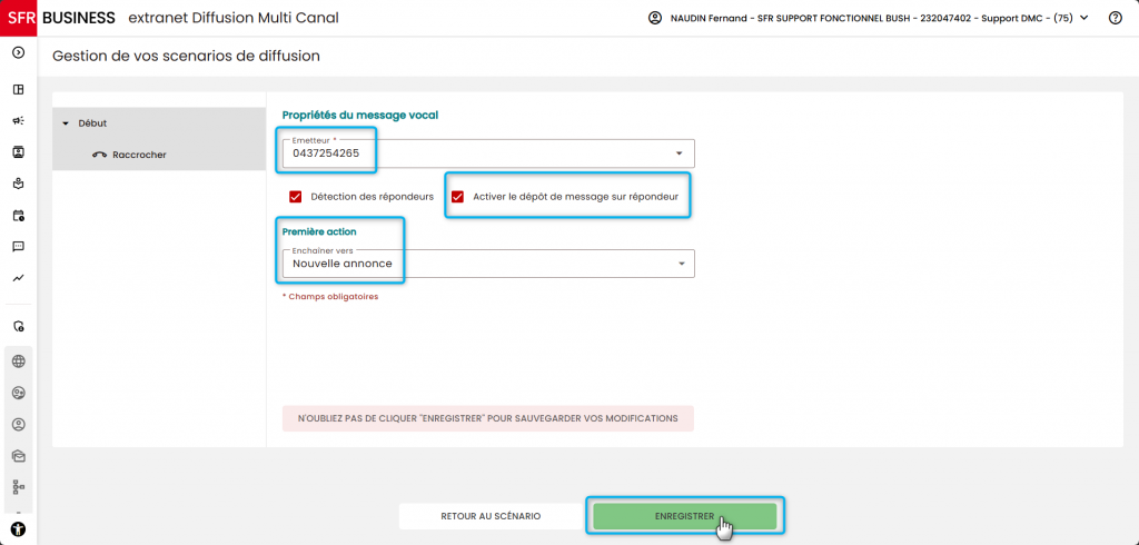 L'image montre comment s&eacute;lection l'option de d&eacute;p&ocirc;t du message sur le r&eacute;pondeur.