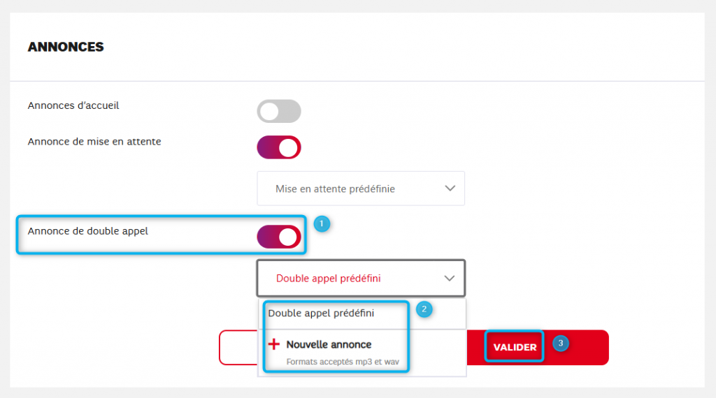L'image montre le bloc des annonces ouvert,  le toogle d'activation de l'annonce, le choix des annonces et le bouton de validation. 
