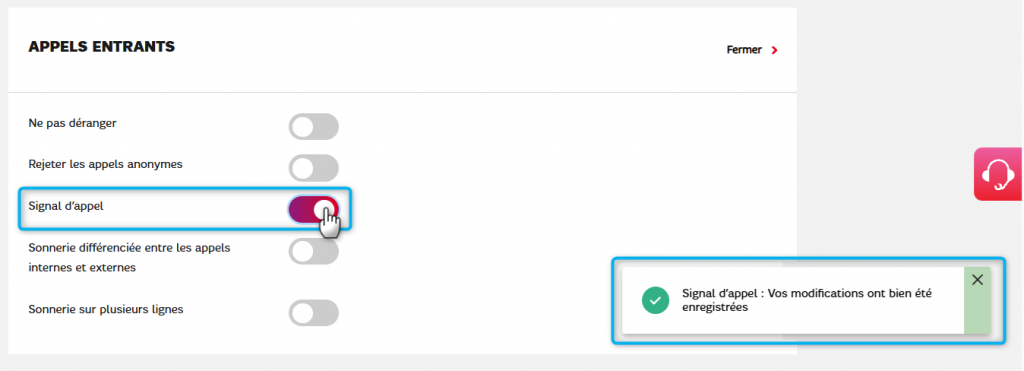 L'image montre le bloc Appels Entrants et le bouton d'activation du signal d'appel